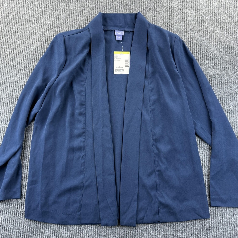 Laura Scott Jacket Womens 1X Navy Blue Soft Dressing Open Front Sears Plus New